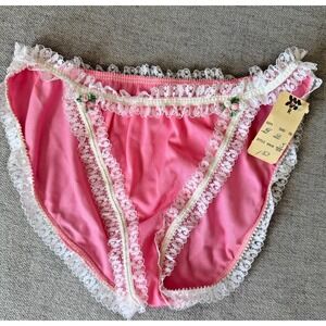 Vintage Pink Nylon Bikini Panties NOS Lace Ruffle Trim Roses Size 5 60s USA